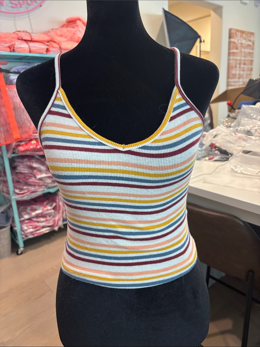 Striped V-Neck Ribbed Cami Tank Top - Multicolor